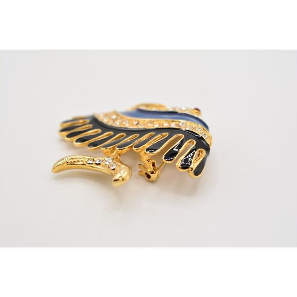 Vintage Fish Pin Brooch Blue Black Enamel Gold Rhinestone Crystal Chunky Bin5A - Picture 7 of 12